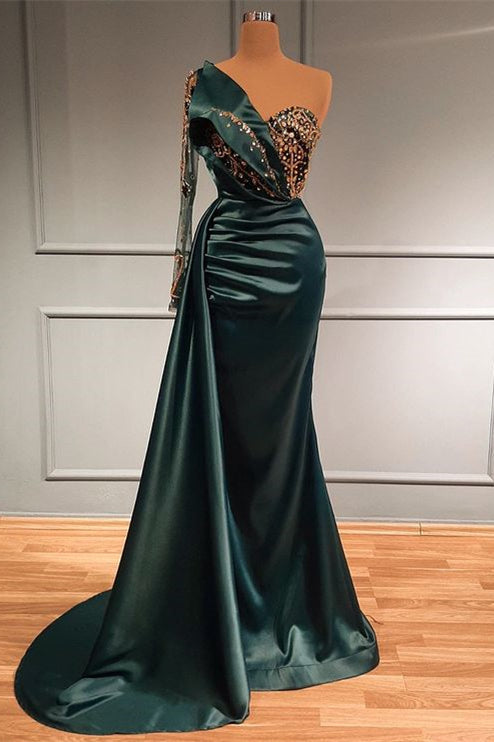 Dark Green Long Lace Sleeved Beaded Mermaid Evening Dress With Appliques-BallBride