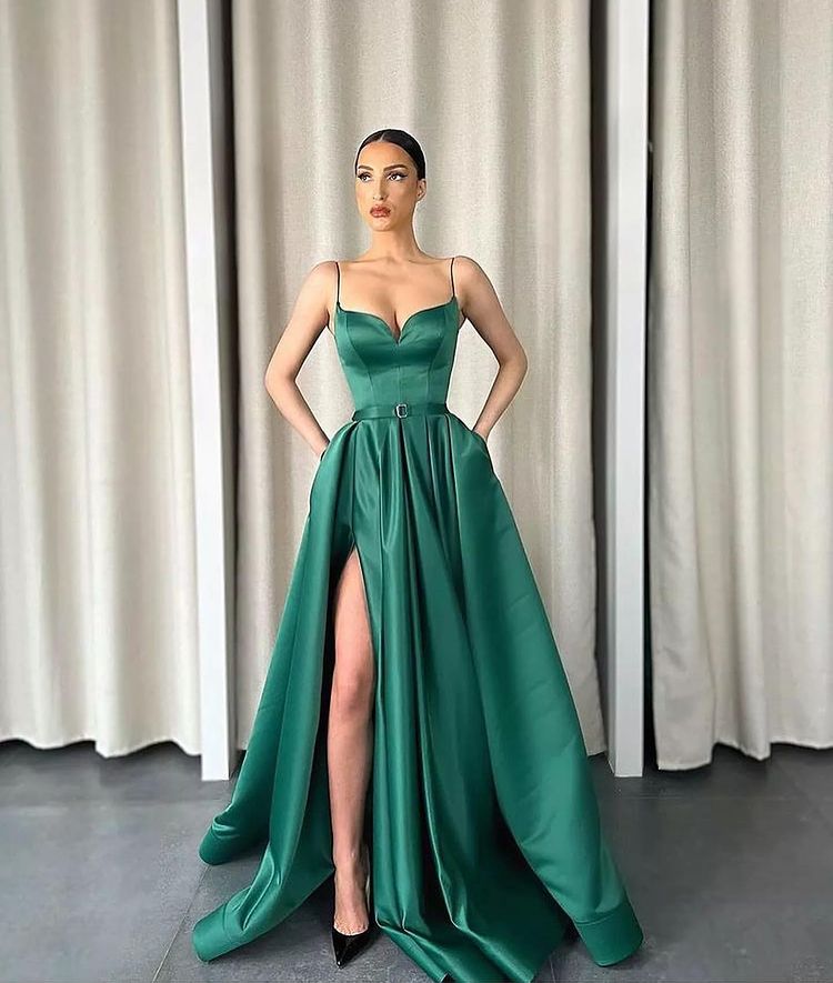 Dark Green Long Prom Dress with Spaghetti-Straps and A-Line V-Neck Split-BallBride