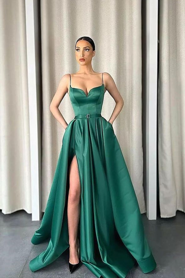 Dark Green Long Prom Dress with Spaghetti-Straps and A-Line V-Neck Split-BallBride