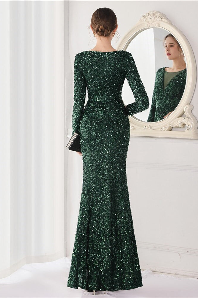 Dark Green Long Sleeves Evening Dress with Sequins and V-Neck Front Split-Evening Dresses-BallBride