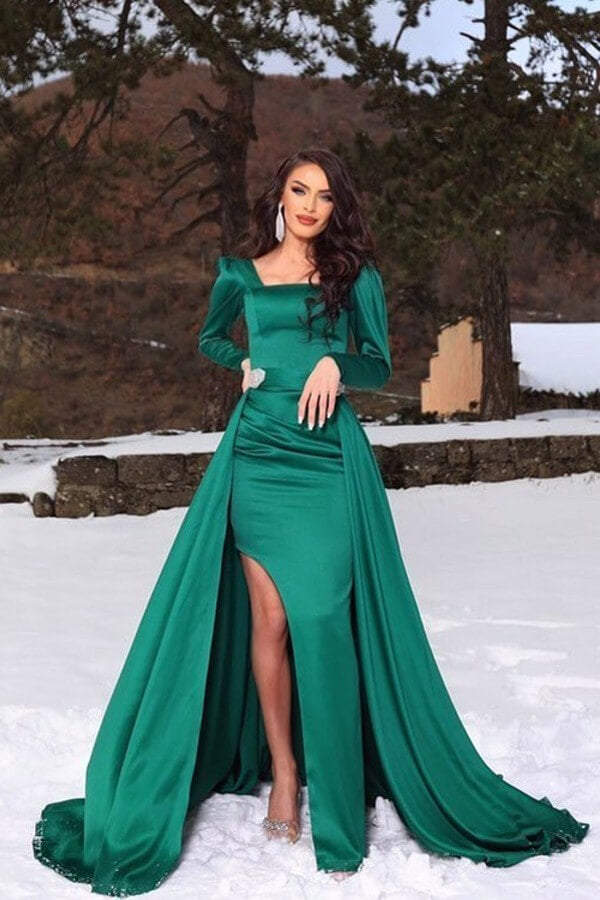Dark Green Long Sleeves Mermaid Slit Prom Dress with Detachable Skirt-BallBride