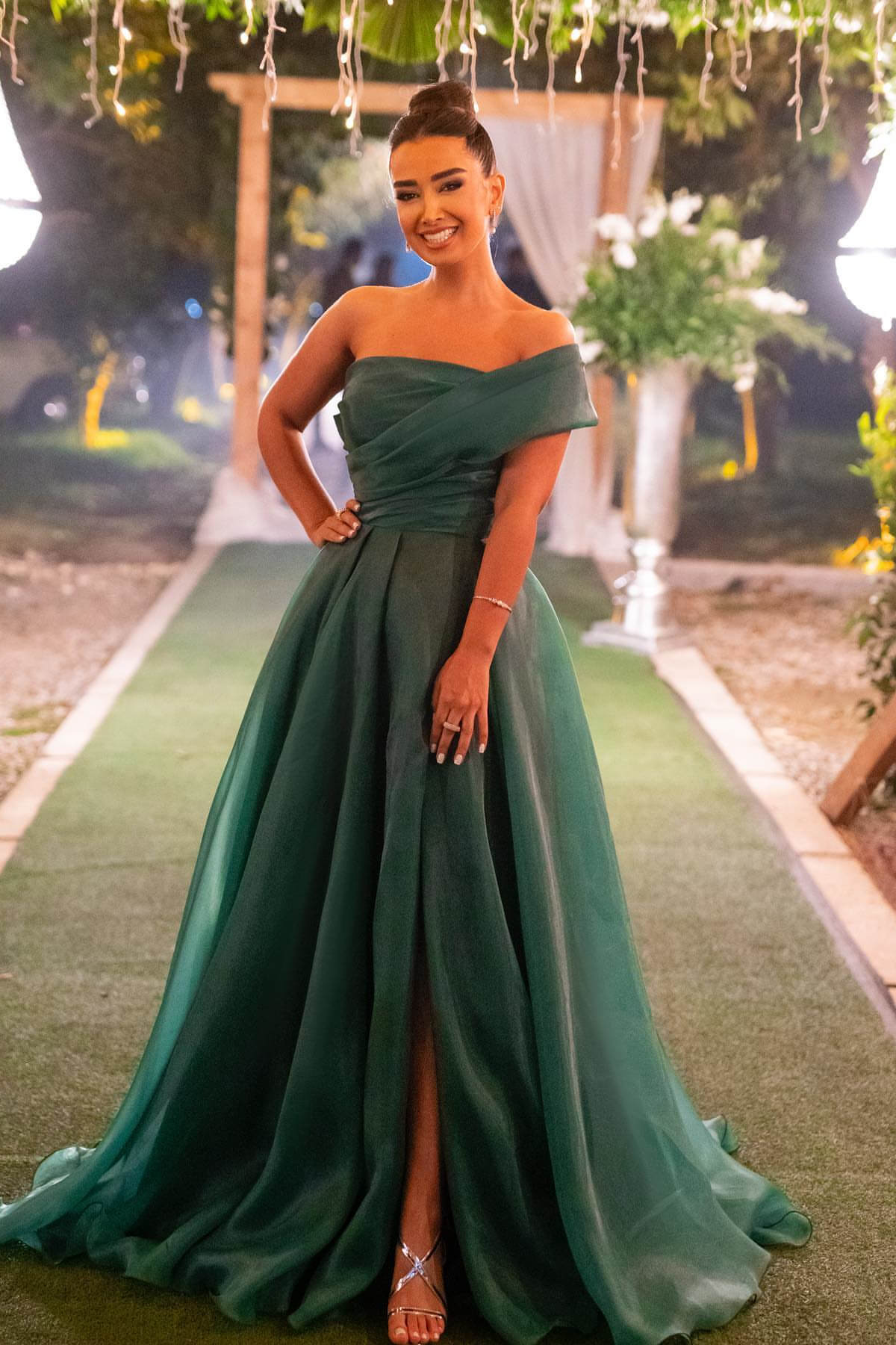 Dark Green Mermaid Evening Dress with Bowknot Strapless and One Shoulder Front Split-BallBride