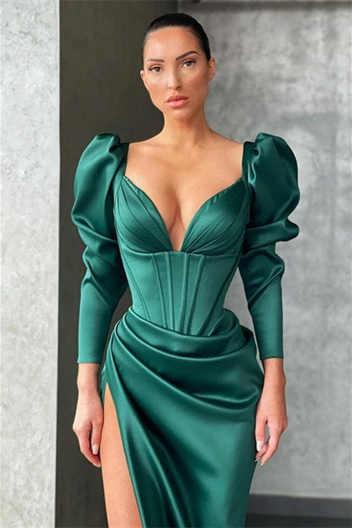 Dark Green Mermaid Prom Dress with Long Sleeves-BallBride