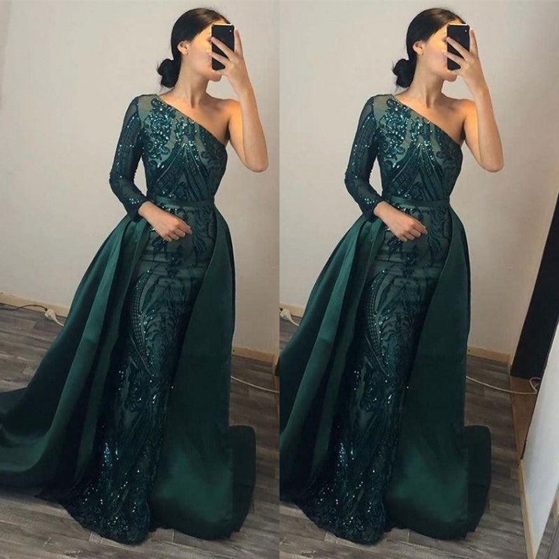 Dark Green Mermaid Prom Dress with Sequins and One Shoulder Long Sleeve Overskirt-BallBride
