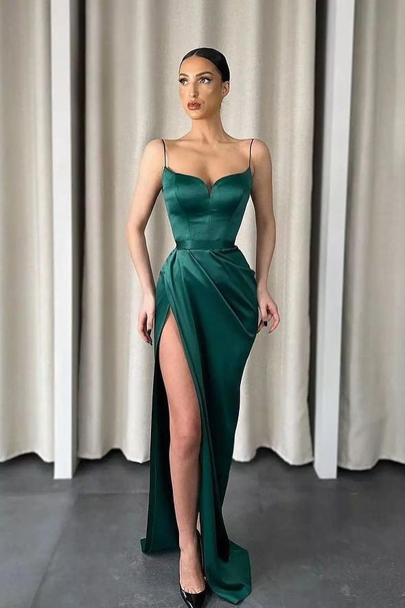 Dark Green Mermaid Sweetheart Prom Dress With Split and Spaghetti Straps-BallBride
