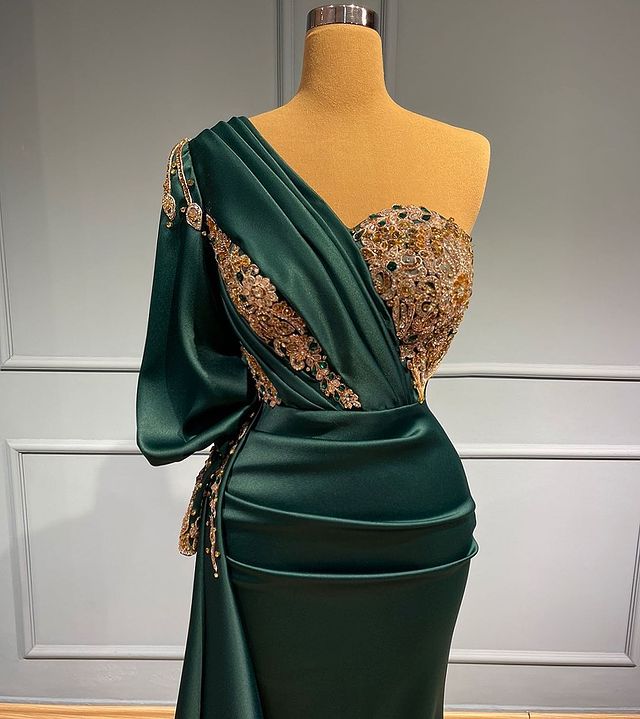 Dark Green One-Shoulder Mermaid Prom Dress With Beads & Appliques-BallBride
