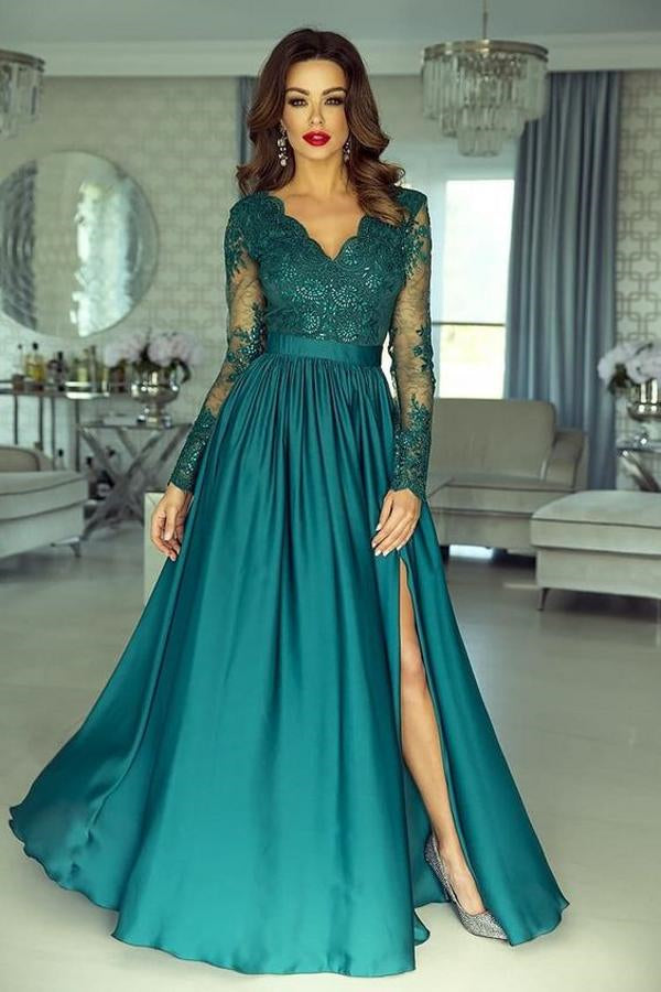 Dark Green Prom Dress with Lace Appliques and Slit - Long Sleeves-Occasion Dress-BallBride