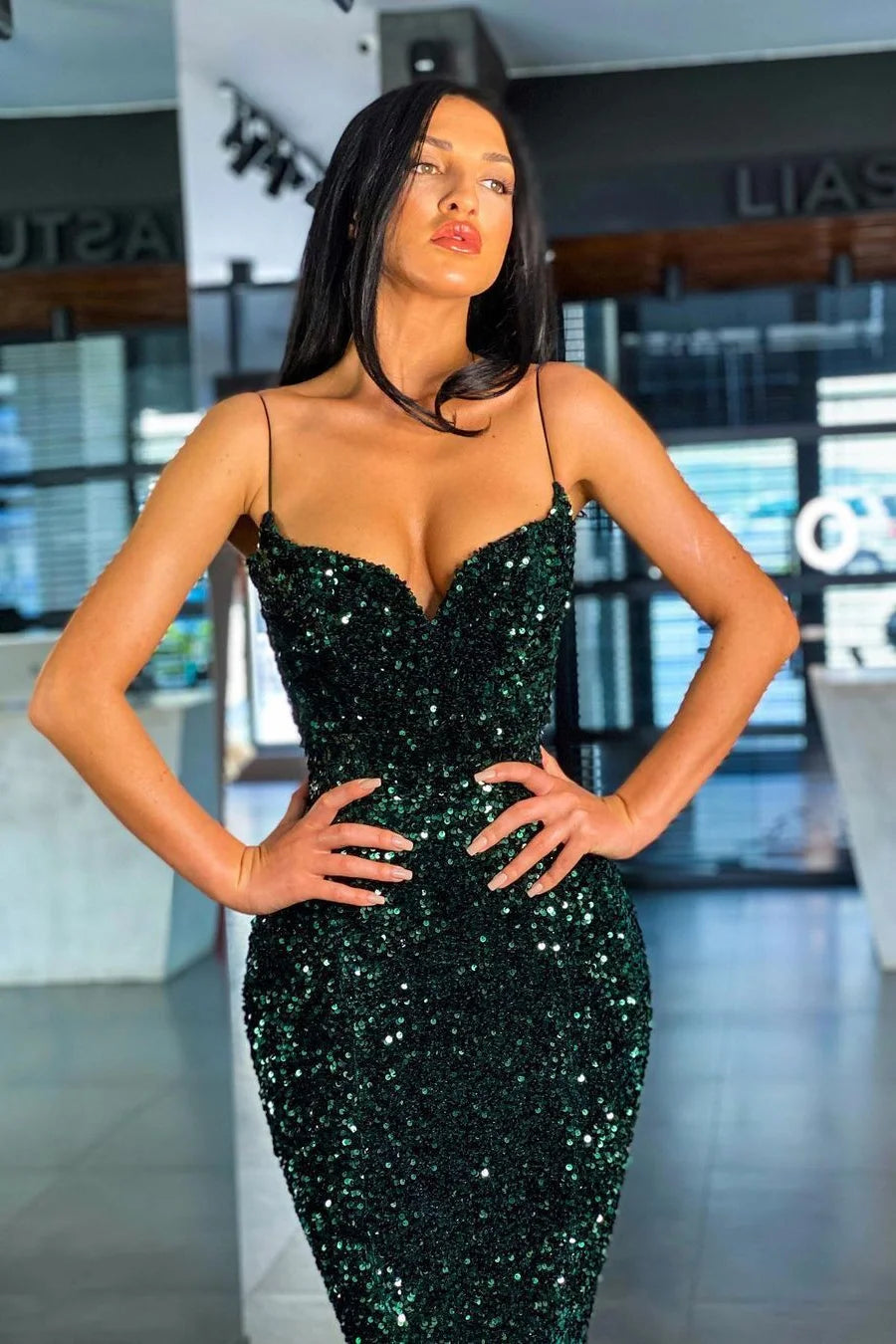 Dark Green Sequins Prom Dress Mermaid Evening Gowns With Spaghetti-Straps-BallBride