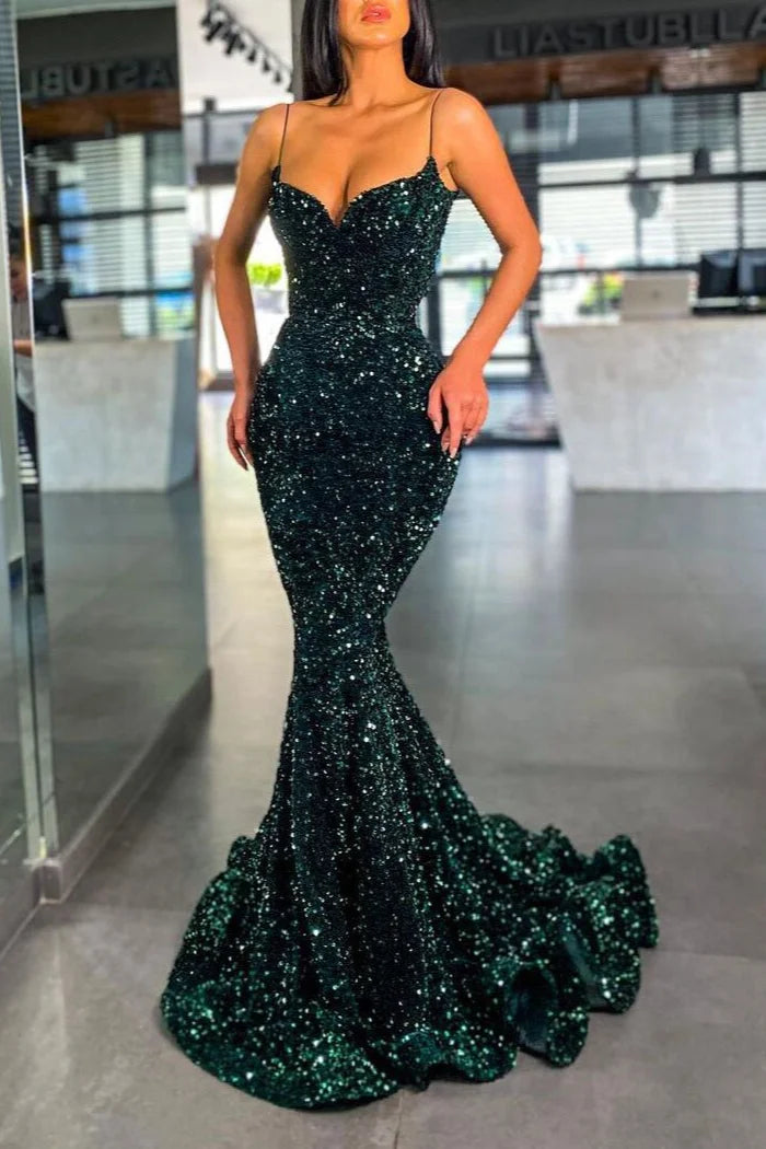 Dark Green Sequins Prom Dress Mermaid Evening Gowns With Spaghetti-Straps-BallBride