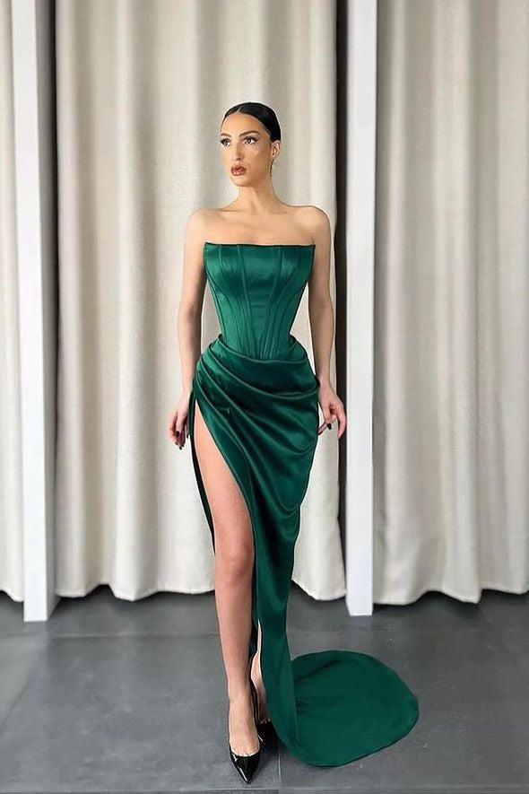 Dark Green Strapless Slit Sleeveless Long Mermaid Prom Dress-BallBride