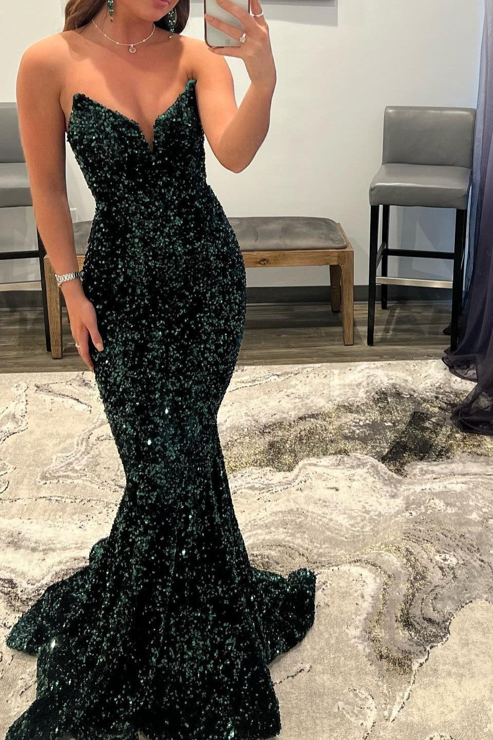 Dark Green V-Neck Long Mermaid Prom Dress with Sequins-BallBride