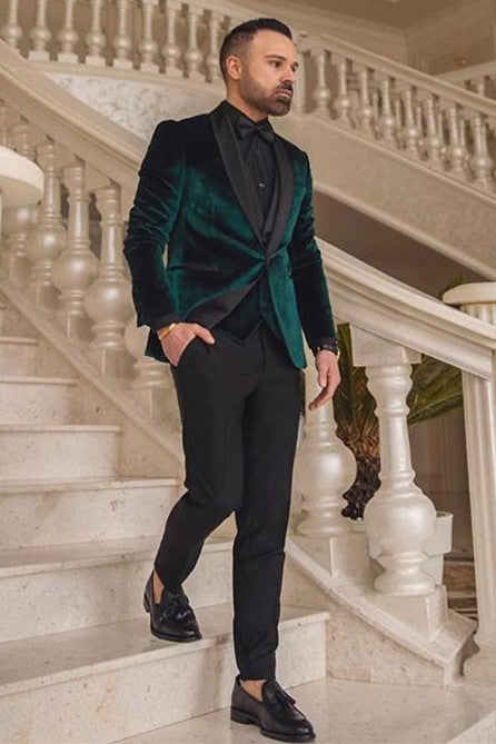 Dark Green Velvet 3 Piece Fashion Suit for Groom Weddings Online-Wedding Suits-BallBride