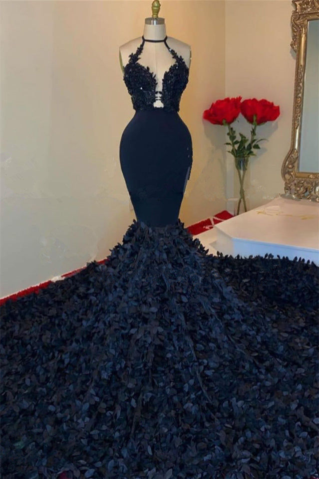 Dark Navy Halter V-Neck Mermaid Prom Dress With Applique-BallBride