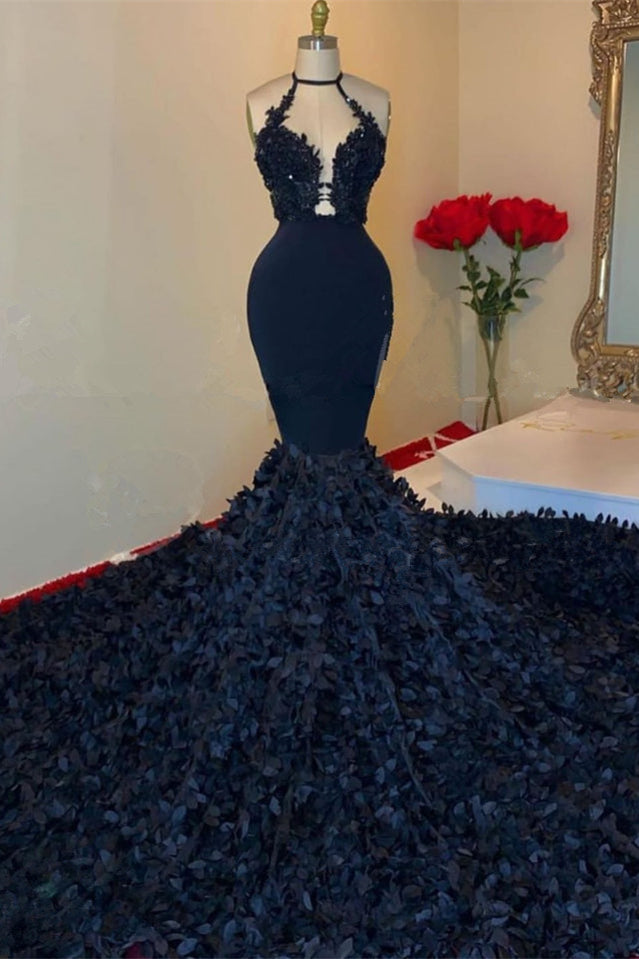 Dark Navy Halter V-Neck Mermaid Prom Dress With Applique-BallBride