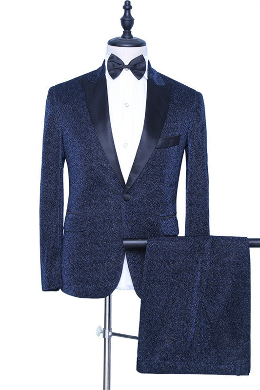 Dark Navy Peaked Lapel Wedding Suit for Groom - Morden Sparkly-Prom Suits-BallBride