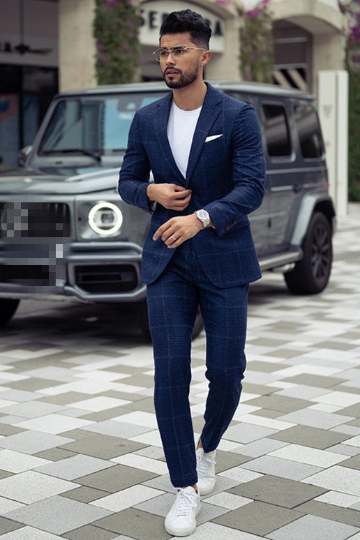 Dark Navy Prince Suit for Groom with Plaid Notched Lapel by Fashion David-Prom Suits-BallBride