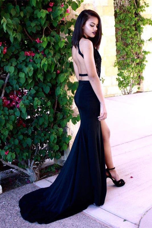 Dark Navy Sleeveless Appliques Prom Dress With Slit - Stunning Look-Occasion Dress-BallBride