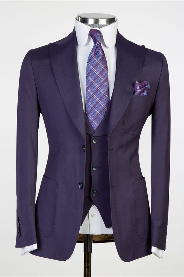 Dark Purple Best Fitted Men Suits - Dustin Chic Peaked Lapel Three Pieces-Wedding Suits-BallBride