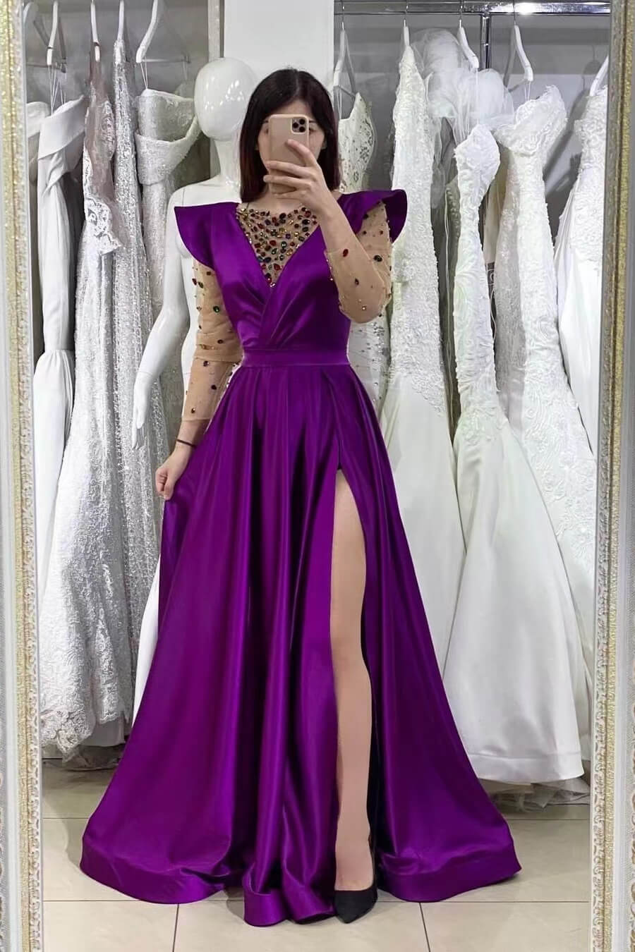 Dark Purple Mermaid V-Neck Beadings Prom Dress with Long Sleeves and Front Split-BallBride