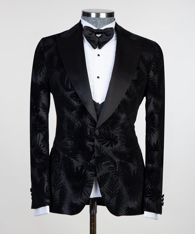 David Modern Black 3-piece Jacquard Peaked Lapel Suit for Men-Wedding Suits-BallBride