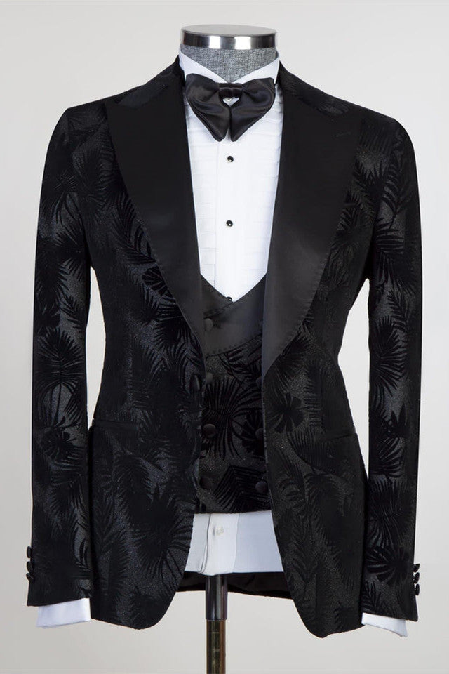David Modern Black 3-piece Jacquard Peaked Lapel Suit for Men-Wedding Suits-BallBride