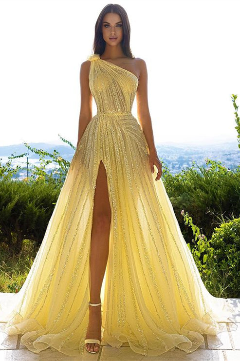 Dazzle in Daffodil: Sequins One Shoulder Prom Dress With Front Split-BallBride