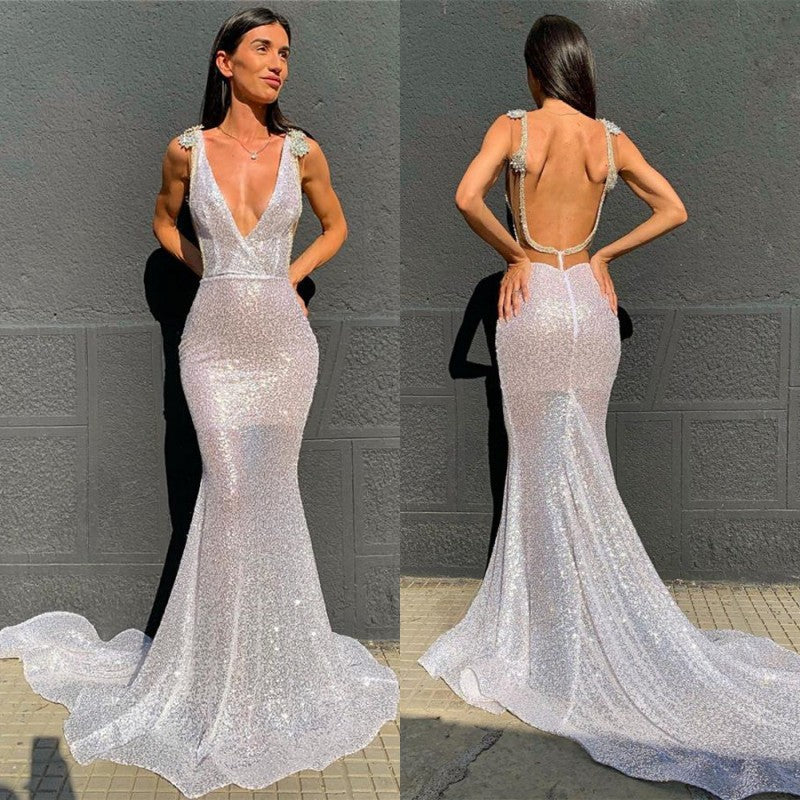 Deep V-Neck Mermaid Prom Dress with Open Back and Sequins-BallBride