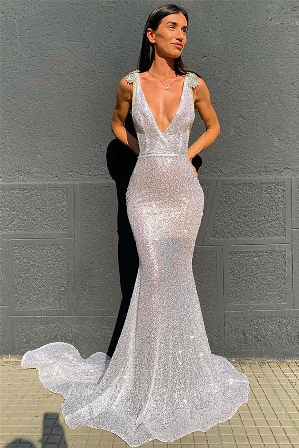 Deep V-Neck Mermaid Prom Dress with Open Back and Sequins-BallBride