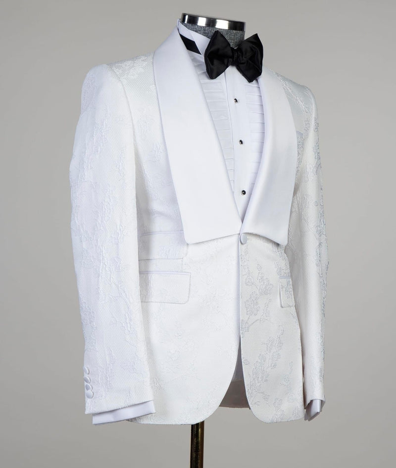 Dennis White Jacquard Shawl Lapel Three Piece Men Suit for Wedding Prom-Wedding Suits-BallBride