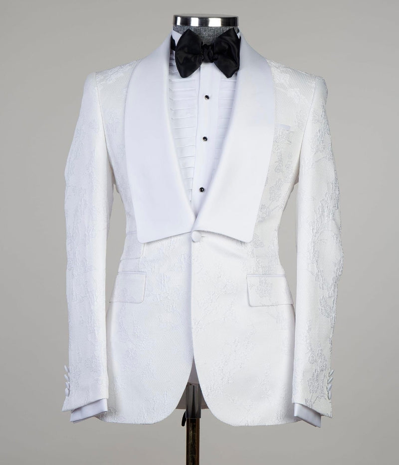 Dennis White Jacquard Shawl Lapel Three Piece Men Suit for Wedding Prom-Wedding Suits-BallBride