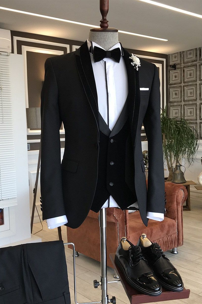 Derrick Classic 3-Piece Black Shawl Lapel Slim Fit Wedding Tuxedos for Grooms-Wedding Suits-BallBride