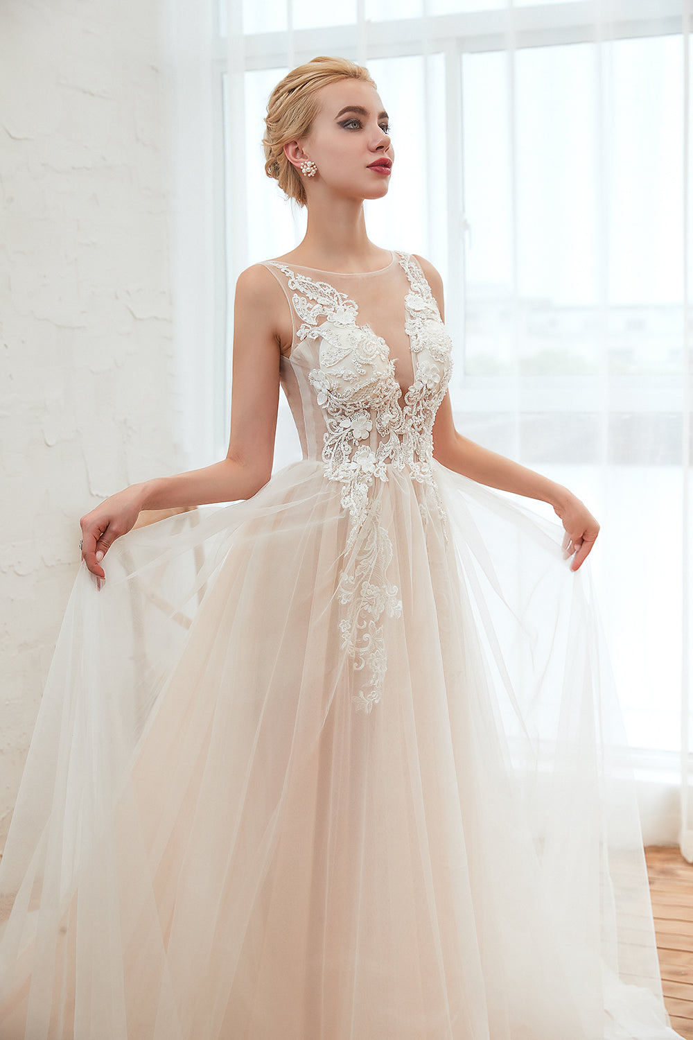 Designer Scoop Tulle Wedding Dress With Lace Appliques and Open Back-Wedding Dresses-BallBride