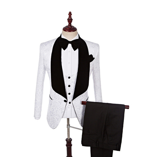 Dillon White Three-Piece Jacquard Shawl Lapel Wedding Suit-Wedding Suits-BallBride