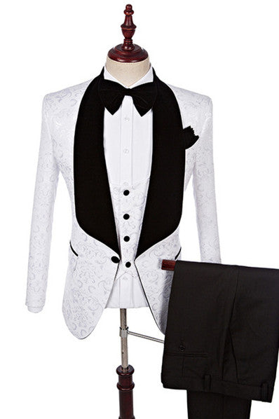 Dillon White Three-Piece Jacquard Shawl Lapel Wedding Suit-Wedding Suits-BallBride