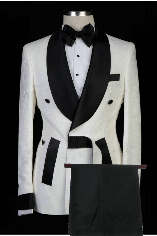 Dominick White Wedding Suit - Jacquard Shawl Lapel Fashion-Wedding Suits-BallBride