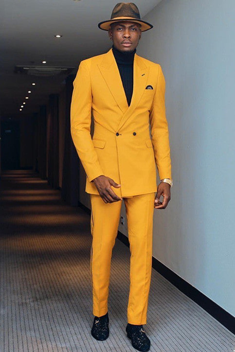 Double Breasted Bespoke Business Suit with Yellow Peaked Lapel for Prom-Prom Suits-BallBride