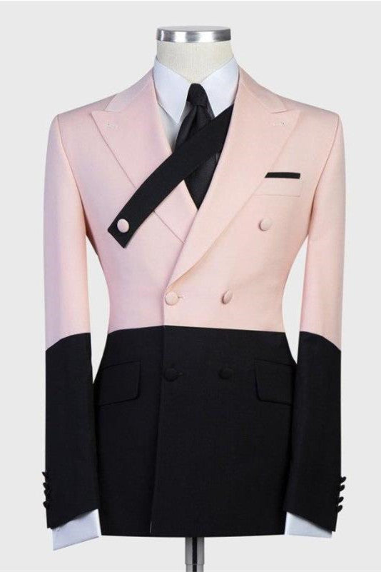 Double Breasted Ring Bearer Suits with Stitching Peaked Lapel Pink and Black-Prom Suits-BallBride