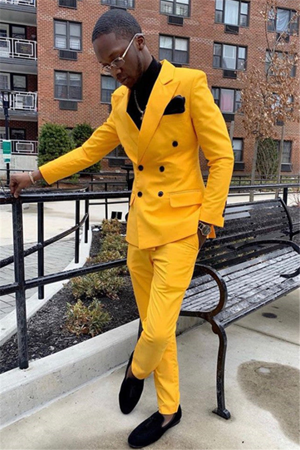 Double Breasted Stylish Paked Lapel Yellow Wedding Suits For Men-Prom Suits-BallBride