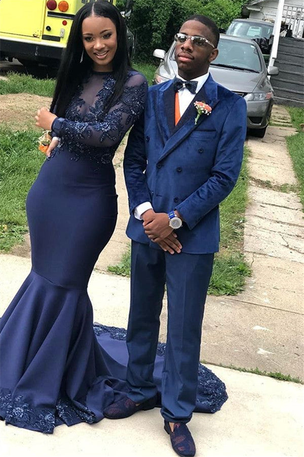 Double Breasted Velvet Navy Blue Prom Outfits for Guys with Peaked Lapel-Prom Suits-BallBride