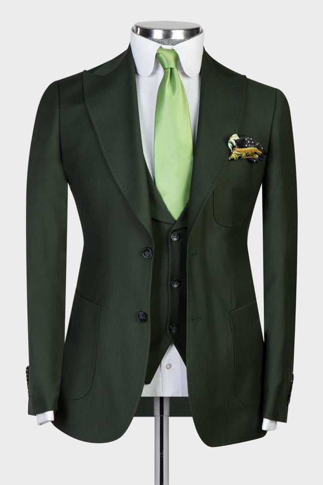 Dudley Chic Three Piece Business Suit - Dark Green Peaked Lapel-Wedding Suits-BallBride