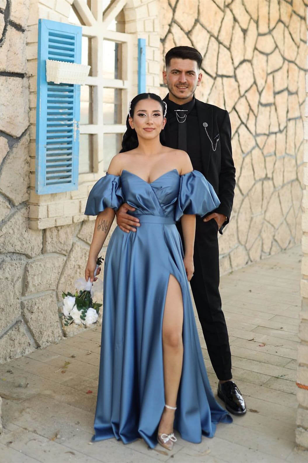 Dusty Blue Off-The-Shoulder Evening Dress With Puff Sleeves and Front Split Sweetheart-BallBride