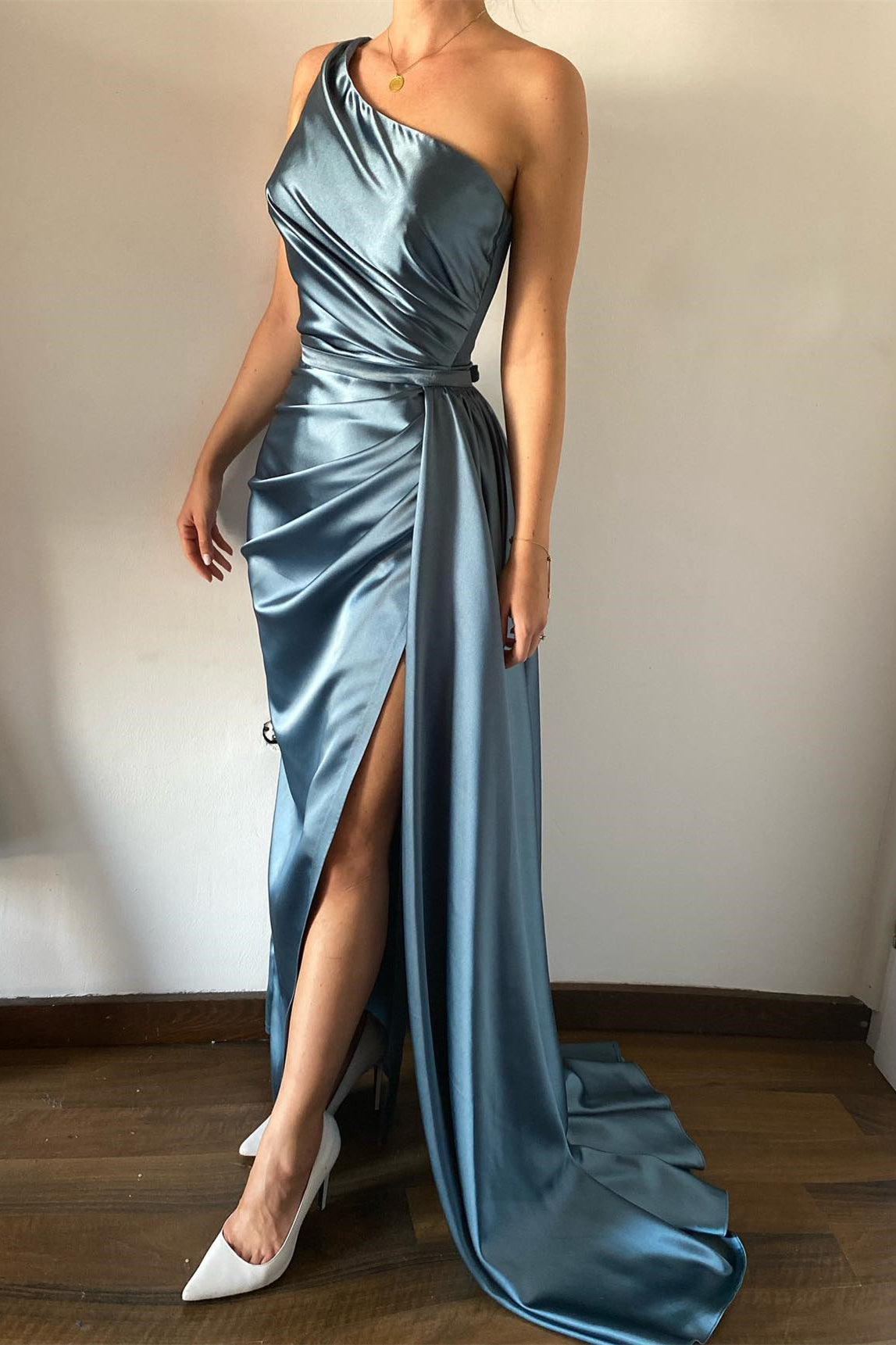 Dusty Blue One Shoulder Mermaid Prom Dress with Pleats and Detachable Ruffles-Occasion Dress-BallBride