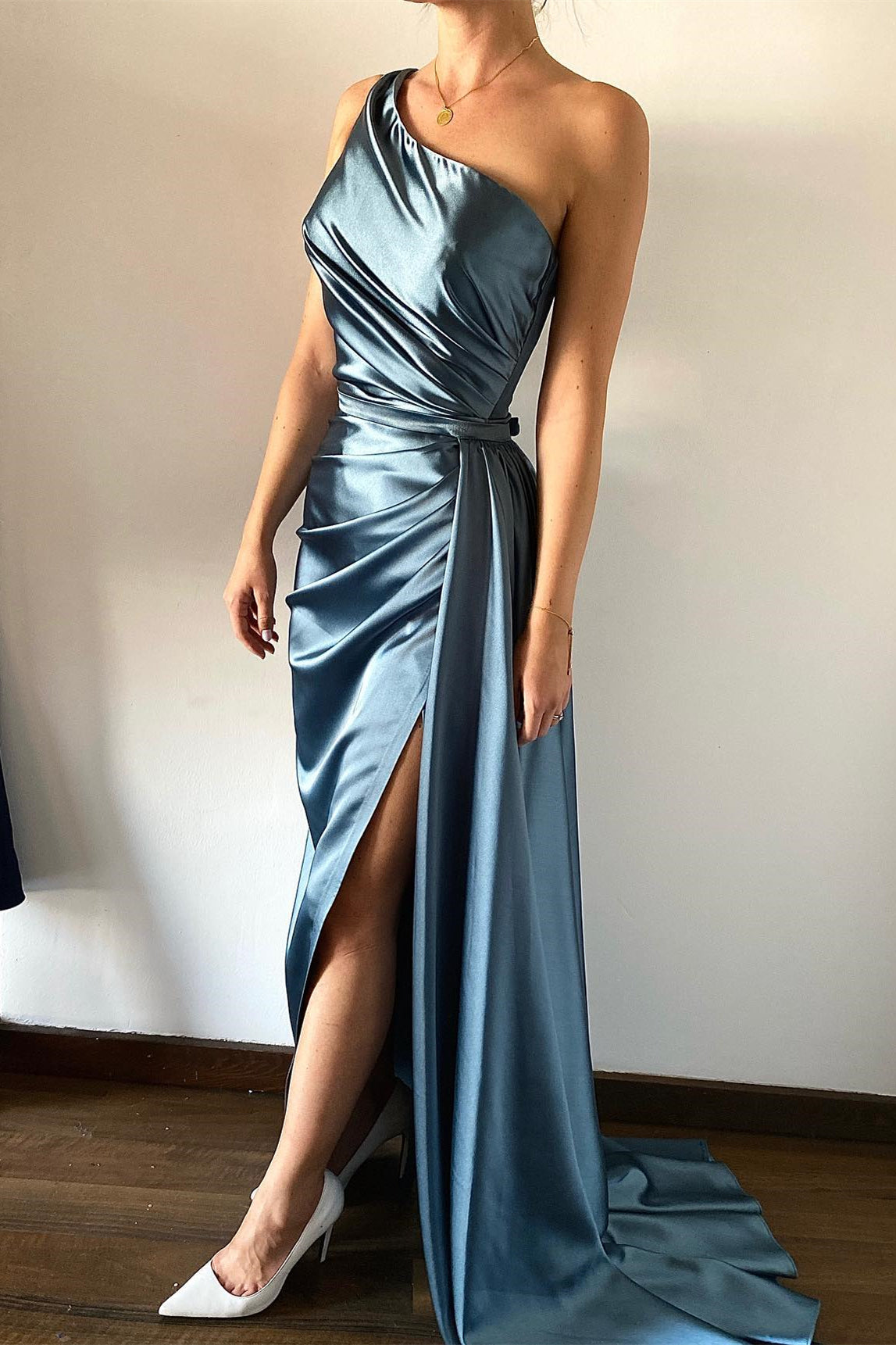 Dusty Blue One Shoulder Mermaid Prom Dress with Pleats and Detachable Ruffles-Occasion Dress-BallBride