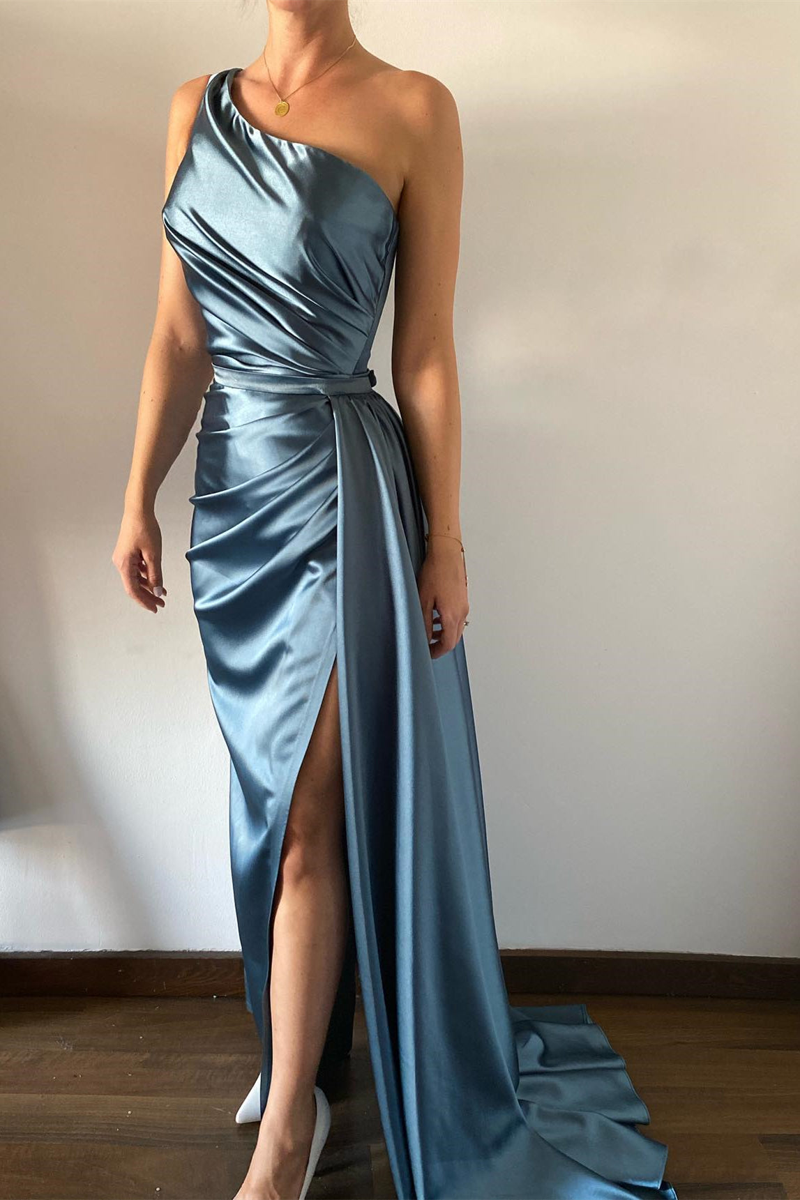 Dusty Blue One Shoulder Mermaid Prom Dress with Pleats and Detachable Ruffles-Occasion Dress-BallBride