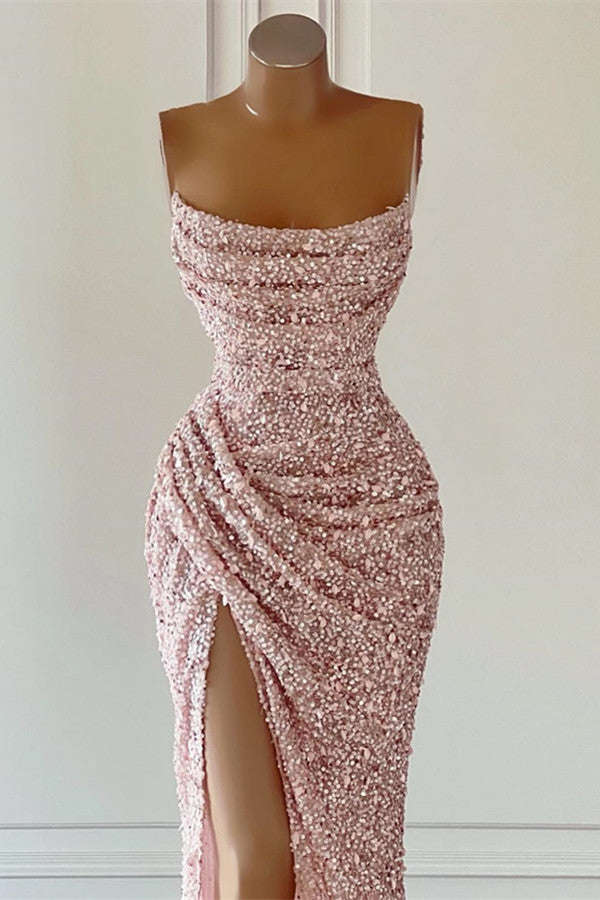 Dusty Pink Square Neck Sleeveless Prom Dress with Mermaid Slit and Sequins-BallBride