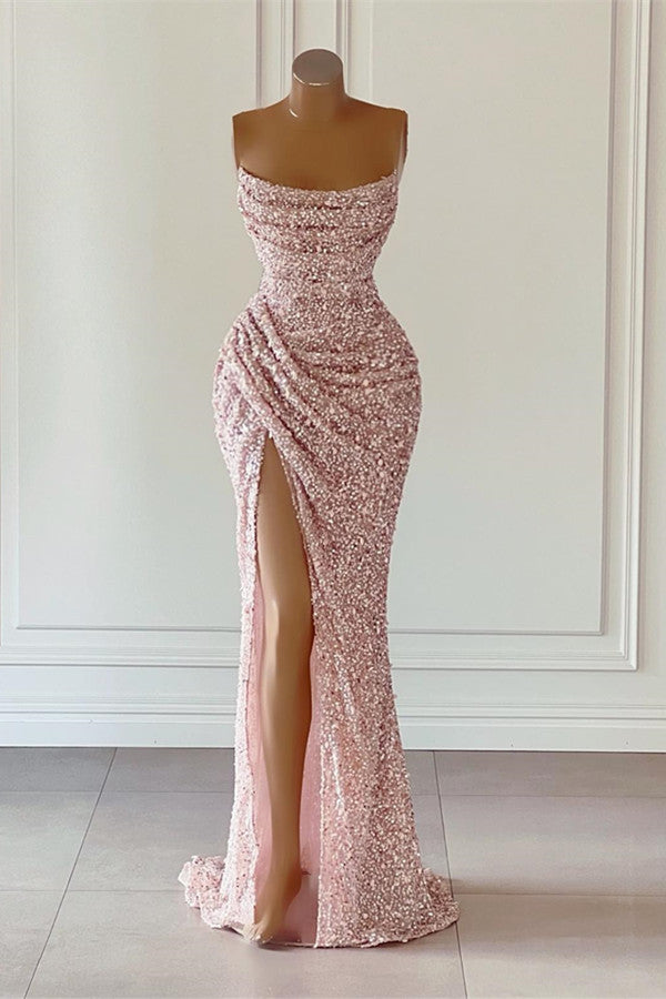 Dusty Pink Square Neck Sleeveless Prom Dress with Mermaid Slit and Sequins-BallBride