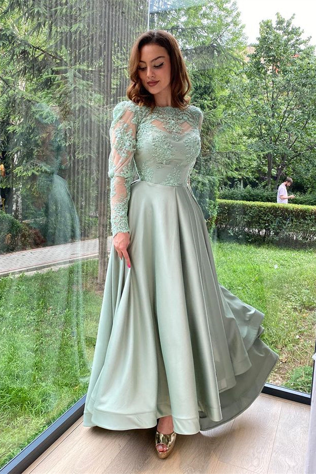 Dusty Sage Evening Dress With Long Split Sleeves and Lace Accents-BallBride