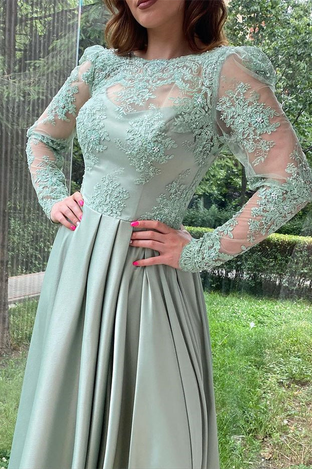 Dusty Sage Evening Dress With Long Split Sleeves and Lace Accents-BallBride