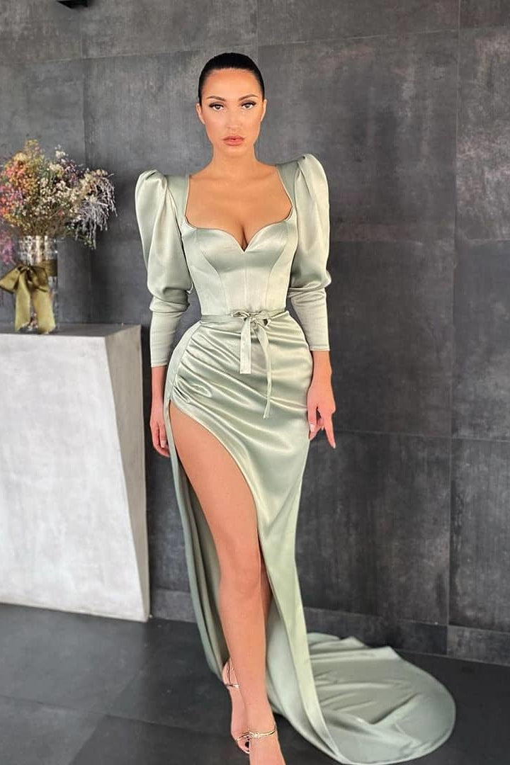 Dusty Sage Long Sleeve Split Prom Dress-BallBride