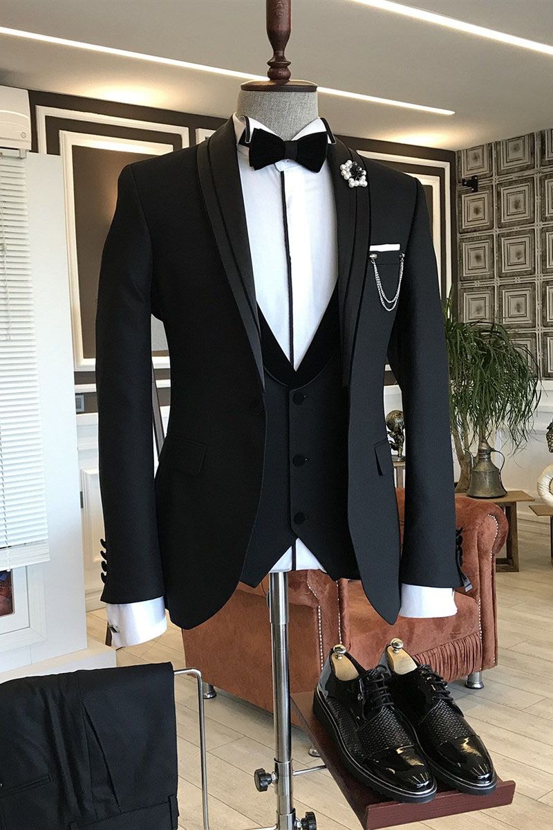 Earl Classic 3-pieces Black Shawl Lapel Wedding Suit - Perfect Choice for Grooms-Wedding Suits-BallBride